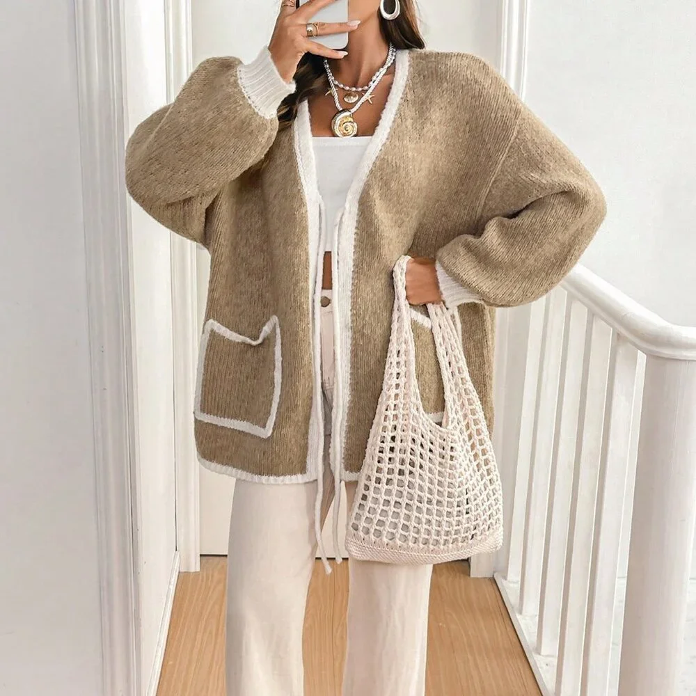 Khaki Casual Women's Loose Fit V-Neck Long Sleeve Cardigan - Picture 5 of 7